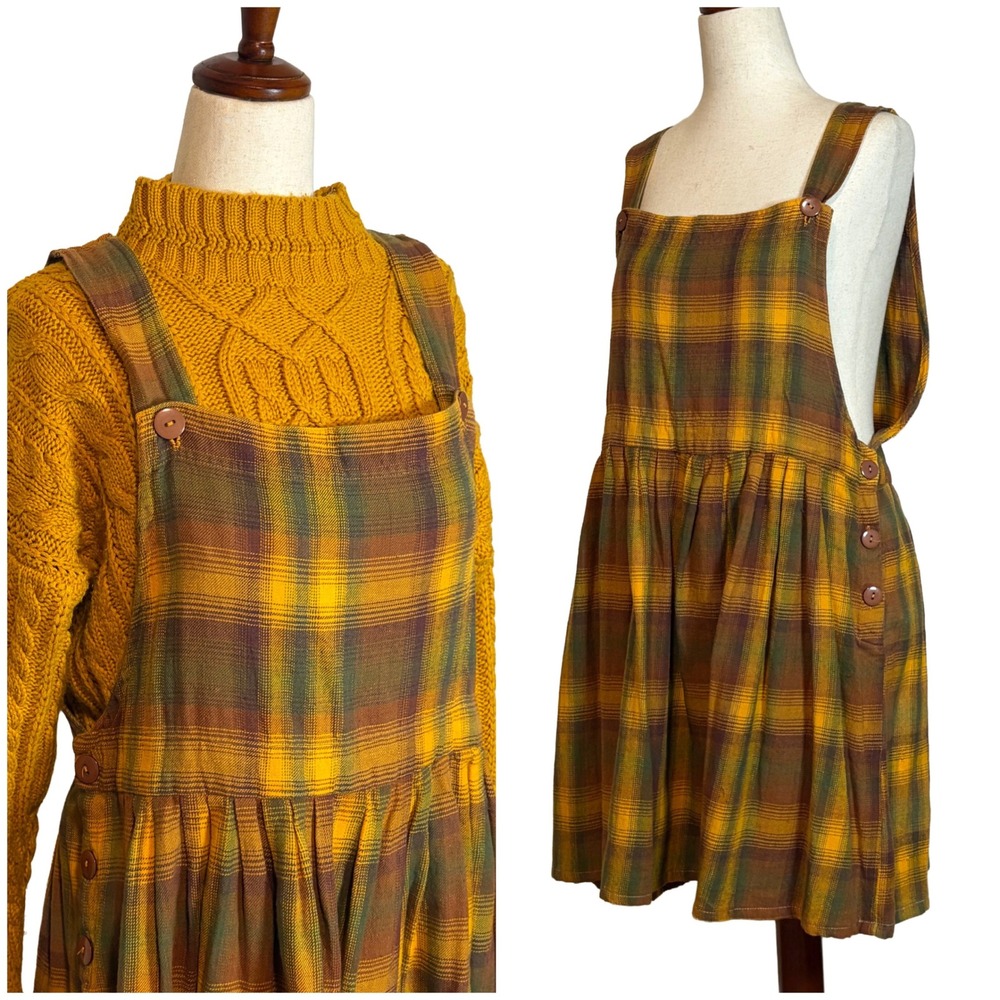 Vintage 90s Plaid Cotton Pinafore/Overall dress
